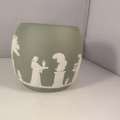 Sale Photo Thumbnail #756: Vintage Wedgwood Jasperware Sage Green Cookie/Biscuit Jar with Lid- Approx 6 1/2" Tall.  Marked 1956.