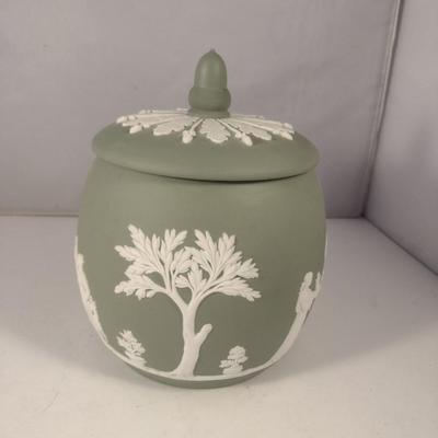 Sale Photo Thumbnail #753: Vintage Wedgwood Jasperware Sage Green Cookie/Biscuit Jar with Lid- Approx 6 1/2" Tall.  Marked 1956.