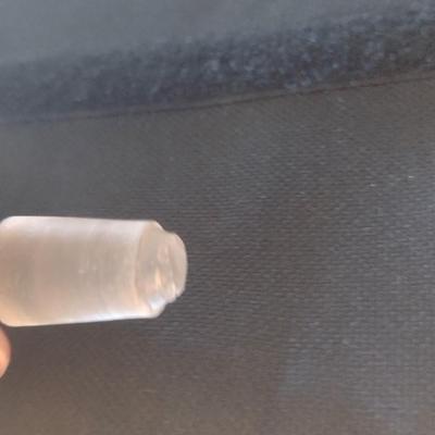 Sale Photo Thumbnail #791: Art Glass Decanter with Stopper.  Item has chipping on stopper- please see all pictures for condition.