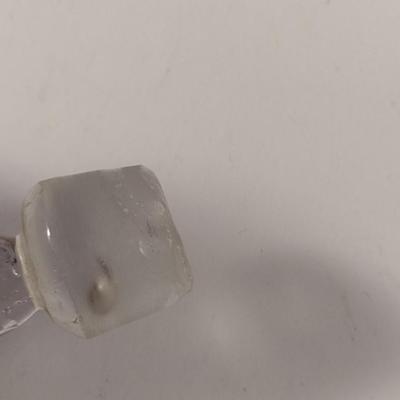 Sale Photo Thumbnail #802: Art Glass Decanter with Stopper- Etched Dainty Design- Approx 10 3/4" Tall.  Stopper has chipping.