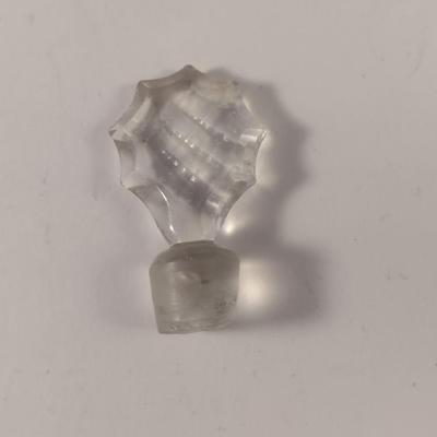 Sale Photo Thumbnail #801: Art Glass Decanter with Stopper- Etched Dainty Design- Approx 10 3/4" Tall.  Stopper has chipping.