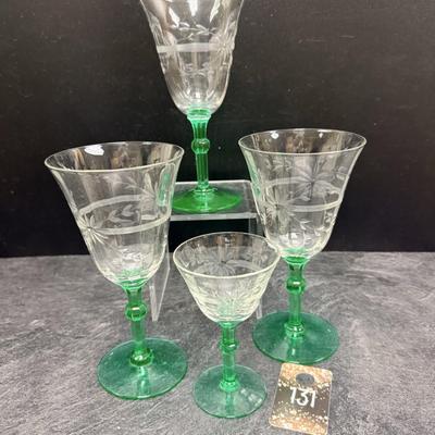 Sale Photo Thumbnail #340: 3 + 1 green stem uranium glasses, circa 1930
1 cordial, 4.5 inches by 2.5 inches 
3 wine glasses, 6 7/8 inches by 3.5 inches 
etched bowl