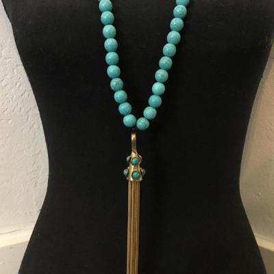 Faux turquoise stone bead, long necklace with vintage gold tone, tassel pendant