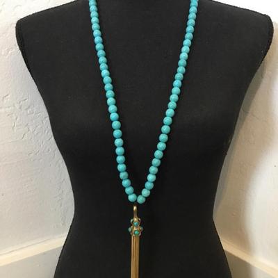 Faux turquoise stone bead, long necklace with vintage gold tone, tassel pendant