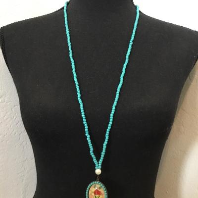 Cute faux turquoise, stone bead, flower, pendant, necklace