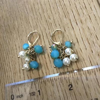 Beautiful gold tone, faux, pearl faceted, glass bead, dangle earrings