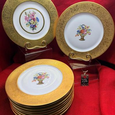 Sale Photo Thumbnail #346: 2 Hutschenreuther Selb 10.75 inch plates
9 Heinrich & Co 10.75 inch plates
Vintage, from the 1930s
Retails at $50 to $95 per plate
Excellent condition, pre-owned 
These would be beautiful chargers for your depression glass dishes.
Local pickup only