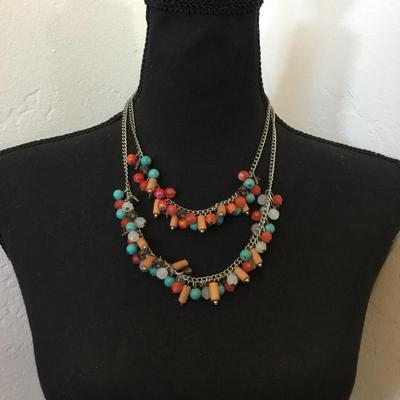 Beautiful, silver toned, chain and faux, turquoise glass and crystal bead double strand statement, necklace
