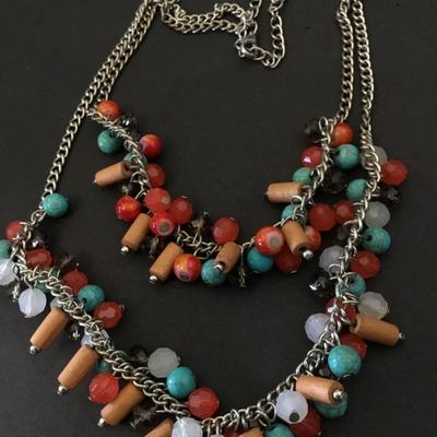 Beautiful, silver toned, chain and faux, turquoise glass and crystal bead double strand statement, necklace