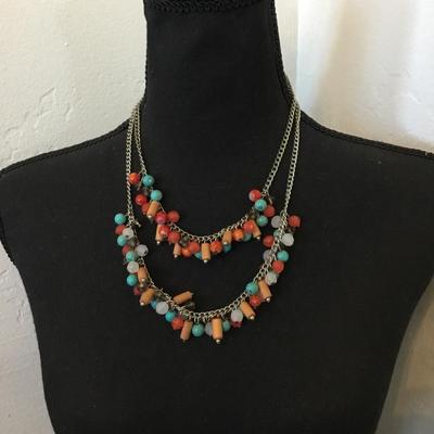 Beautiful, silver toned, chain and faux, turquoise glass and crystal bead double strand statement, necklace