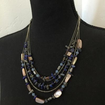 Beautiful, silver toned, multistrand, lapis, and shell bead statement necklace