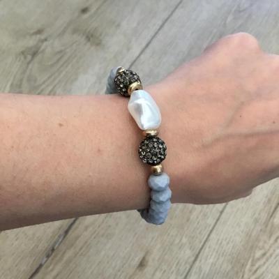 Faux, pearl, gray blue faceted, glass bead, rhinestone stretch bracelet