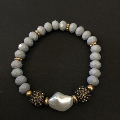 Faux, pearl, gray blue faceted, glass bead, rhinestone stretch bracelet