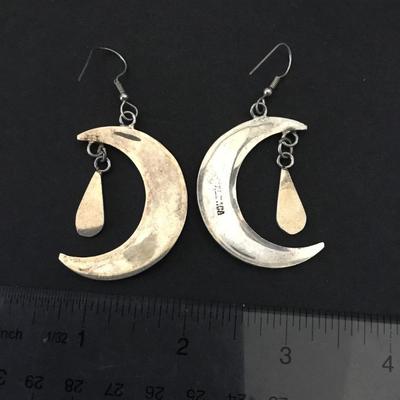 Vintage alpaca, Mexico, silver, ablone shell, inlay moon, dangle earrings