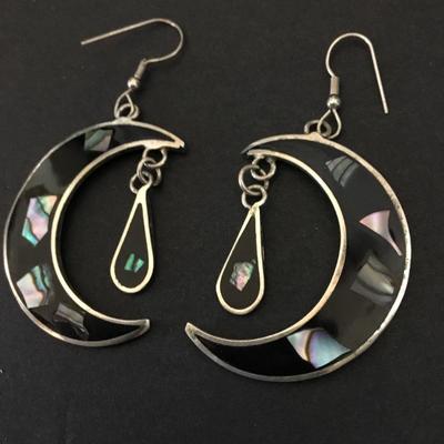 Vintage alpaca, Mexico, silver, ablone shell, inlay moon, dangle earrings