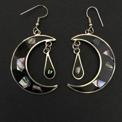 Vintage alpaca, Mexico, silver, ablone shell, inlay moon, dangle earrings