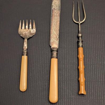 Sale Photo Thumbnail #3220: Vintage Bakelite Style Etched Designs Utensils