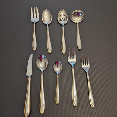 Sale Photo Thumbnail #3247: Service For 12 Mikasa Stainless Steel Flatware, Alessandro 18/8 w/ Gold Trim