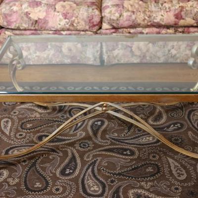 Glass-Top Coffee Table with Heavy Gold Scroll Metal Base