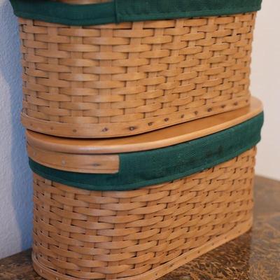 Pair of Longaberger Handwoven Baskets with Lids and Green Liners