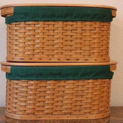 Pair of Longaberger Handwoven Baskets with Lids and Green Liners