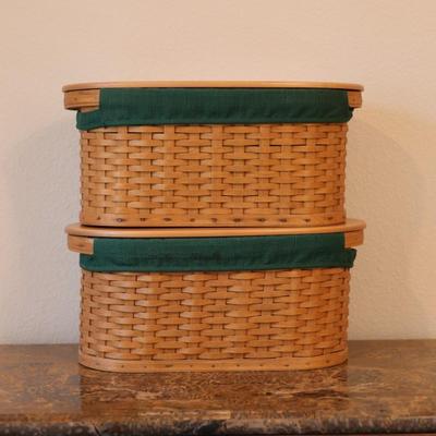 Pair of Longaberger Handwoven Baskets with Lids and Green Liners