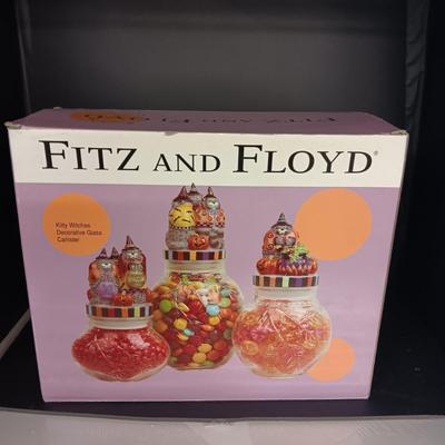 FITZ AND FLOYD KITTY WITCH GLASS HALLOWEEN CANISTERS
