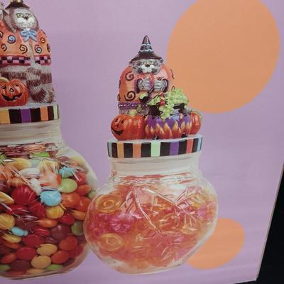 FITZ AND FLOYD KITTY WITCH GLASS HALLOWEEN CANISTERS