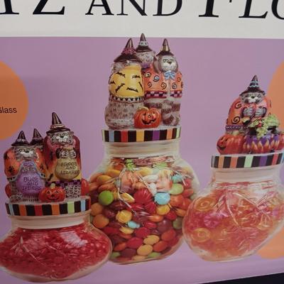 FITZ AND FLOYD KITTY WITCH GLASS HALLOWEEN CANISTERS