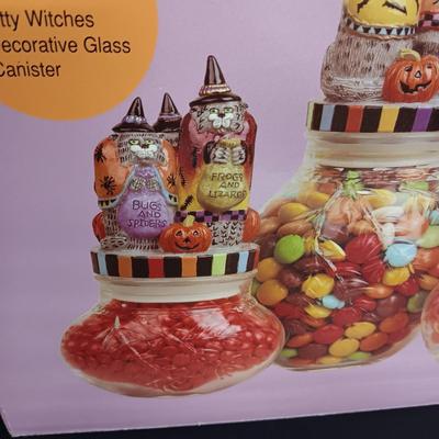 FITZ AND FLOYD KITTY WITCH GLASS HALLOWEEN CANISTERS