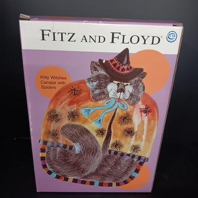 FITZ AND FLOYD KITTY WITCH SPIDERS CANAPE HALLOWEEN PLATE AND LARGE BOWL