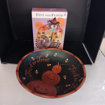 FITZ AND FLOYD KITTY WITCH SPIDERS CANAPE HALLOWEEN PLATE AND LARGE BOWL
