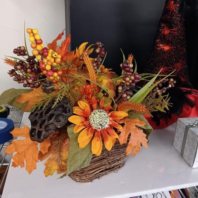 FALL FAUX FLOWERS, A FANCY WITCH HAT AND A CHARMING TAILS FIGURE