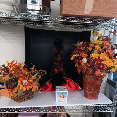 FALL FAUX FLOWERS, A FANCY WITCH HAT AND A CHARMING TAILS FIGURE