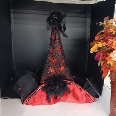 FALL FAUX FLOWERS, A FANCY WITCH HAT AND A CHARMING TAILS FIGURE