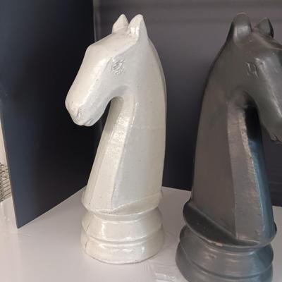 2 HEAVY CLAY HORSE HEAD STATUES 17" TALL