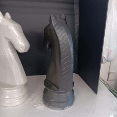 2 HEAVY CLAY HORSE HEAD STATUES 17" TALL