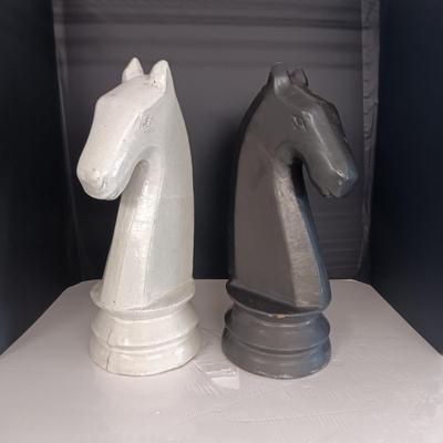 2 HEAVY CLAY HORSE HEAD STATUES 17" TALL