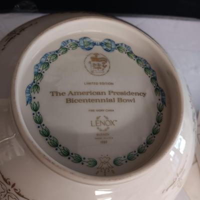 LENOX AMERICAN PRESIDENCY BICENTENNIAL BOWL AND AN ANTIQUE CRUET SET