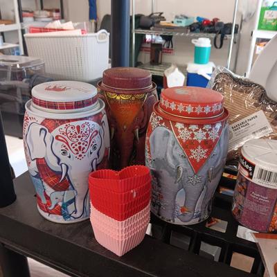 COOKIES AND CUPCAKE BAKING AND DECORATING ITEMS PLUS EMPTY ELEPHANT TINS