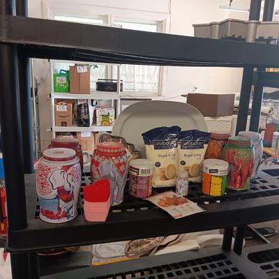 COOKIES AND CUPCAKE BAKING AND DECORATING ITEMS PLUS EMPTY ELEPHANT TINS