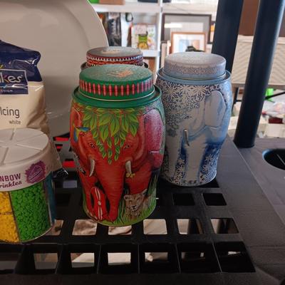 COOKIES AND CUPCAKE BAKING AND DECORATING ITEMS PLUS EMPTY ELEPHANT TINS