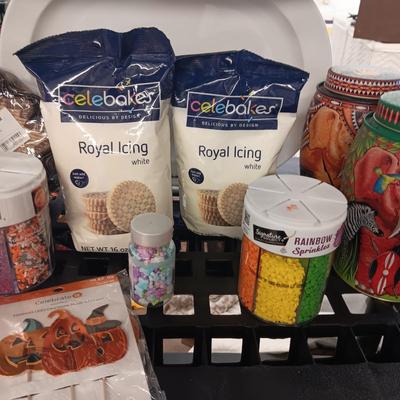 COOKIES AND CUPCAKE BAKING AND DECORATING ITEMS PLUS EMPTY ELEPHANT TINS