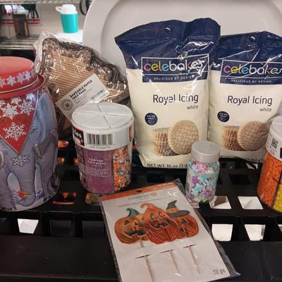 COOKIES AND CUPCAKE BAKING AND DECORATING ITEMS PLUS EMPTY ELEPHANT TINS