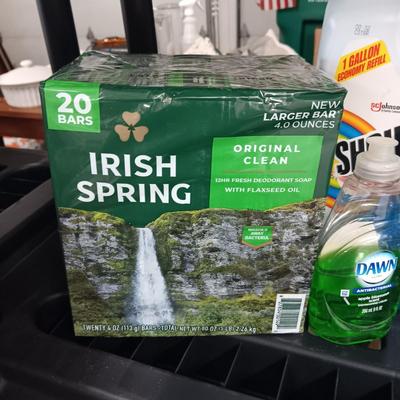 NEW/FULL SHOUT AND LAUNDRY DETERGENT, 19 BARS OF IRISH SPRING SOAP AND MORE