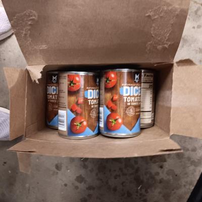 CASE OF ORGANIC VEGETABLE BROTH AND A CASE (MINUS 1 CAN) OF DICED TOMATOES