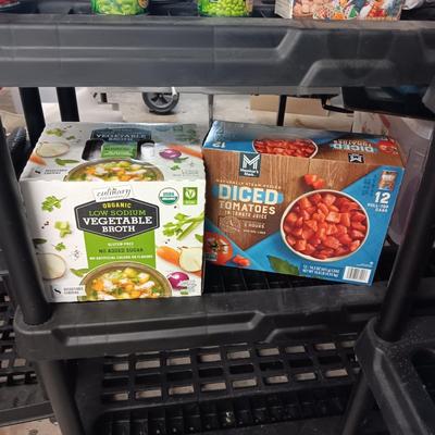 CASE OF ORGANIC VEGETABLE BROTH AND A CASE (MINUS 1 CAN) OF DICED TOMATOES
