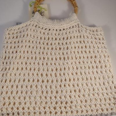 Sale Photo Thumbnail #881: Hand Knitted Large Mesh Bag with Bamboo Handles- Approx 13 3/4" x 16 1/2" (Choice A)
