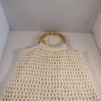 Sale Photo Thumbnail #880: Hand Knitted Large Mesh Bag with Bamboo Handles- Approx 13 3/4" x 16 1/2" (Choice A)