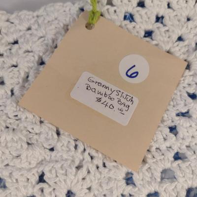 Sale Photo Thumbnail #896: Hand Crocheted 'Granny Stitch' Bag with Bamboo Handles- Approx 15" x 12" (#6)